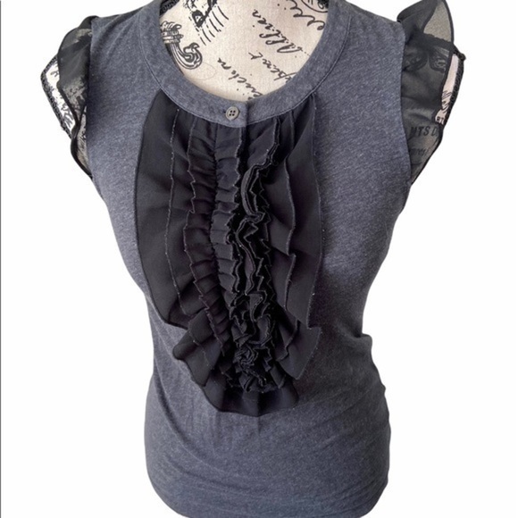 Theory Women’s Grey Black Ruffle Tank Top Sleeveless Pullover Slim Fit Grunge S - Picture 4 of 10